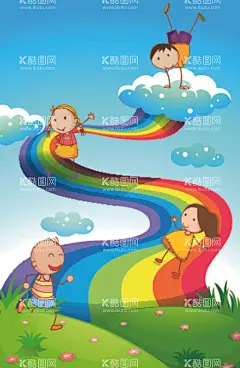 卡通背景  - 源文件下载【酷图网】卡通,手绘,可爱,儿童,孩子,男孩,女孩,彩虹,云,草地