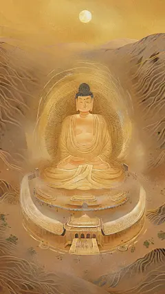 色块插画，鸟瞰，夜晚，沙漠的表面一个巨大的佛祖，若隐若现，强烈的大小对比，肌理磨砂，禅意，空灵，朦胧，飘渺，微弱的灯光，高斯模糊，弥散模糊，
