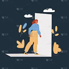 向量插图的女人站在敞开的门。走出黑暗的房间，走向光明。摆脱困境的概念
