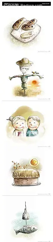 手绘卡通矢量图PSDPSD|PSD分层素材|插画|稻草人|老人|铃铛|茅草屋|面包|生活百科|生活物品|手绘|鼠绘|素描|爷爷奶奶