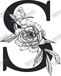 花卉装饰字母字母S 【酷图网】花卉装饰字母,字母S,黑白线描花朵,英文,字母,字体,花朵,鲜花,黑白,线描,素描,白描,创意设计,设计素材,矢量图,矢量素材