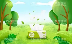 手绘抽纸海报  - 源文件下载【酷图网】源文件,psd,分层,电商海报,手绘,插画,海报,模板,素材,平面设计,夏季,夏日,春季,春日,蓝天白云,产品海报,草地,抽纸,居家产品,树林