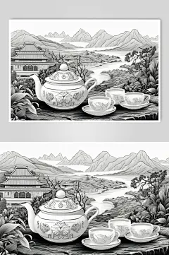 AI数字艺术复古铜版画茶园茶叶插画-众图网