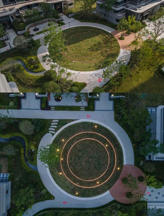 皖赣旭辉·翡翠江来 星夜花园 宽广的阳光草坪让孩子们可以嬉戏玩耍，绿油油的阳光草坪肆意躺坐其中，仰望天空云卷云舒，以圆形搭配艺术灯具打造星空 ...