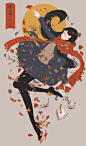 画师長乃的作品，画中充满着各式各样的日本传统的文化元素，色彩的独特运用同时也传达出了一种神秘的感觉。#王国分享# O网页链接