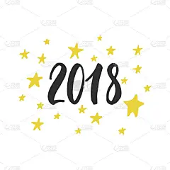 2018 -手绘字母孤立在白色背景与星星。趣味笔墨题字，适用于贺卡或海报设计。