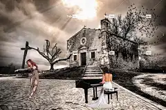 钢琴 音乐 女士 跳舞 叉 教会 明亮的 云 石头 墙 鸟类