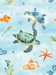 A fun pattern with turtles and fish in the ocean, using light blue as its main color, designed for children's . The design includes various sea creatures such as turtles and starfish in bright colors like green or orange, along with small bubbles to add m