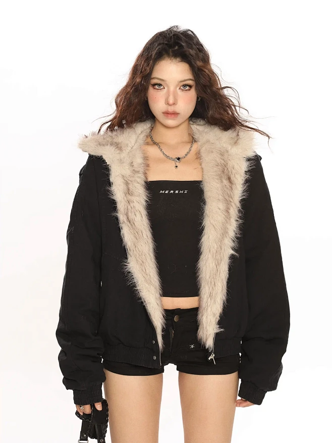 BIGGOLD美式复古座山雕连帽毛领棉服...