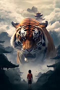 动物老虎云雾背景图