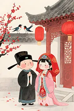 中国风古风汉服夫妻结婚人物七夕插画