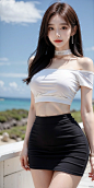  cowboy_shot,(Good structure), DSLR Quality,Short skirt,Blue sky, white clouds, ocean, nai3, 1girl, solo, crop top, , choker, navel, shirt, midriff, crop top overhang, looking at viewer, white shirt, jewelry, breasts, bare shoulders, off-shoulder shirt, o