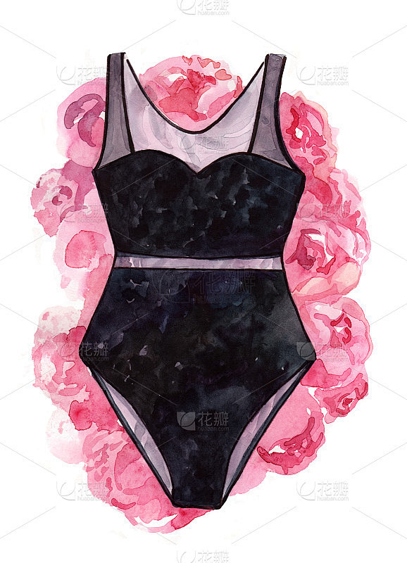 手绘水彩内衣女式内衣文胸与牡丹花插图
