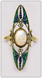 Eugène Feuillâtre | Opal, plique-à-jour enamel, diamond and gold dragonfly ring.