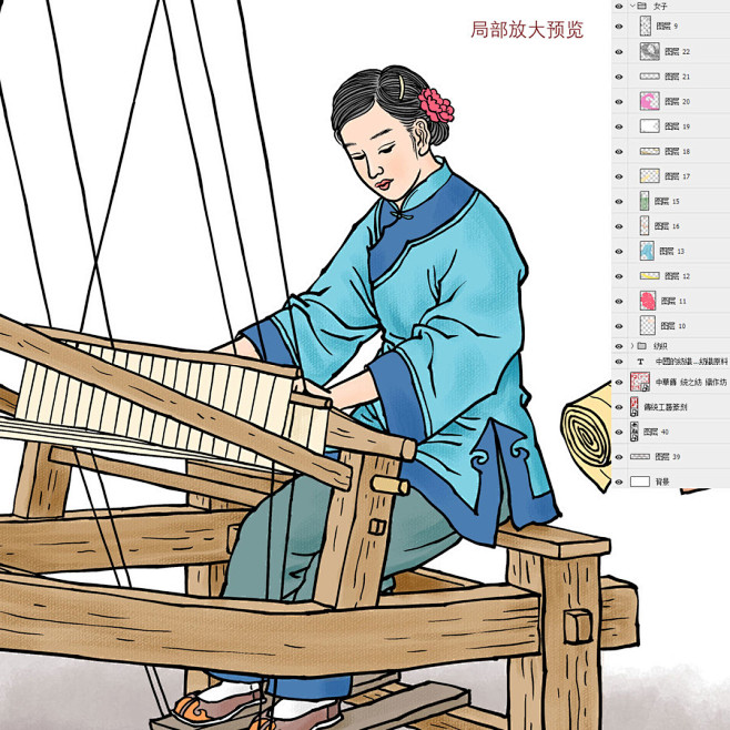 老粗布 麻布 纺织机 织布机插画 传统工艺 纺织品包装设计 印染花布作坊 古人纺织图 壁画挂画 布匹 手工纺织作坊 手绘插画 织布插画 古代 ...