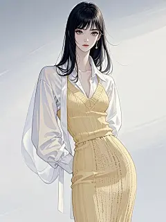 手绘插画，优雅成熟美女，清冷眼神，黑色长发，留白，飘带衬衫，淡黄色吊带针织长裙，运用特效增强光影，色彩以浅色和白色为主，柔和过渡，极简风格，淡雅色调，线条优美