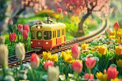 梦幻森林花园里的铁轨火车模型