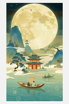 国潮中国风古风节气中秋山水插画