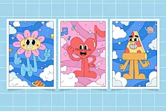 10款含字体90复古浪漫卡通可爱趣味表情包贴纸矢量AI插画设计素材-淘宝网