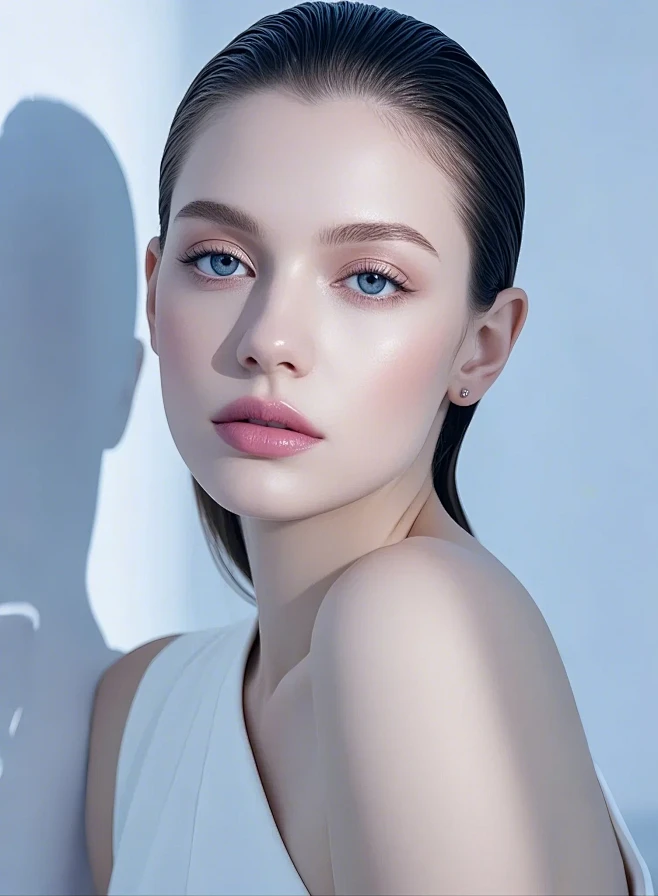 外国人，白种人，年轻美女， 五官精致，白皙皮肤，美妆类模特，纯色背景，深邃眼眸，浅唇色，半身无遮挡，高级感，现代风格 朴素大方 花瓣网 