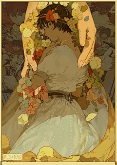 动漫1241x1754狂战士动漫女孩2D短发白色礼服花黑发女战士卡斯卡棕色眼睛垂直躺在侧睡觉的手粉丝艺术