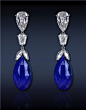 Briolette pendientes de gota, Con: Gublin Certified 37.72 Ct Briolette Cut azul zafiro (2 Stones), coronada por 7,53 Ct diamantes de corte mixto creado en Platino.