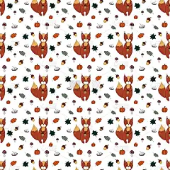 有趣的松鼠图案与树叶，蘑菇，南瓜，浆果在浅白色。无缝的自然模式。手绘插图与曲线线。为织物、服装和其他