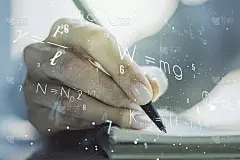 创意科学公式插画与女性手写日记的背景，科学和研究概念。Multiexposure
