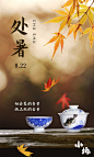 处暑海报 茶具海报 棕色背景 枫叶