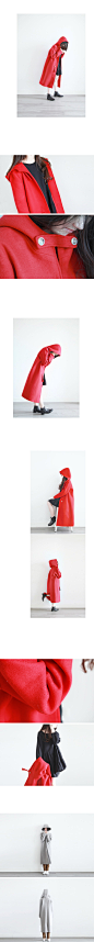 F原创设计oversize女式长款红色连帽羊毛呢子外套宽松茧形呢大衣-淘宝网