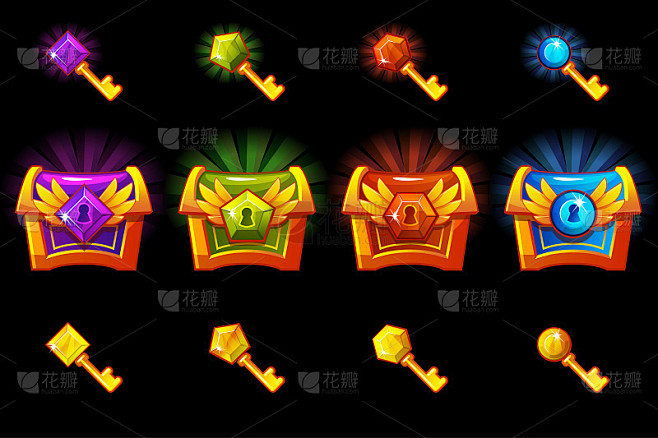 宝箱与宝石和金钥匙，矢量图标