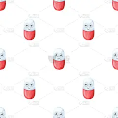 无缝模式与红色丸。有趣的医学人物。白色背景的卡通平板电脑。医药印刷面料，包装，设计。股票的形象。有趣