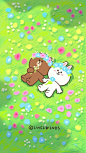 This may contain: two teddy bears laying on top of each other in the grass with flowers around them