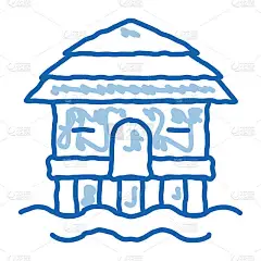 平房房子在水涂鸦图标手绘插图