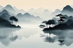 典雅唯美中国风水墨山水画装饰插画