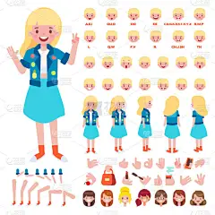 平面矢量女孩字符为你的场景。性格创造集不同的看法, 发型, 脸的情绪, 唇同步和姿势。设计作品和动画