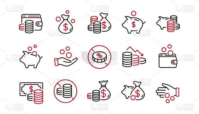硬币行图标。现金，捐赠硬币，给小费图标。钱收入，存钱罐，贷款。向量