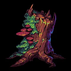 an image of a tree stump with rocks and plants growing on it's sides