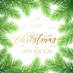 圣诞快乐，新年快乐，金手画引用书法字体花环装饰为节日贺卡。向量圣诞冷杉树枝花环框架装饰背景模板