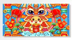 手绘卡通灯笼兔年吉祥红蓝色