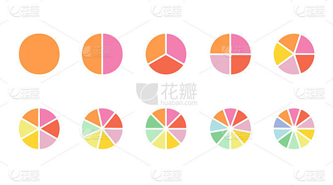 圆形图分段设置矢量图分段饼图模板。圆段集。不同数量的扇区将圆分成相等的部分。从1到10。饼图。图集合