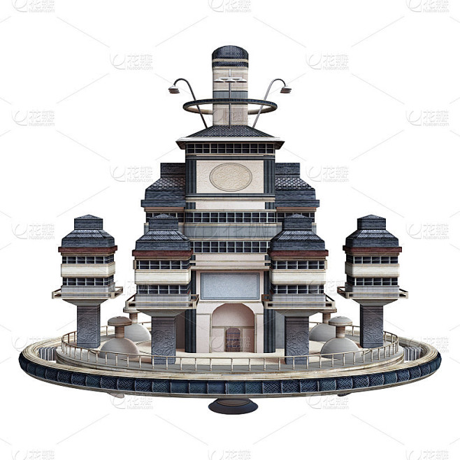 3D渲染科幻飞行村庄上的白色