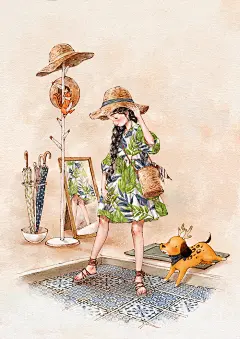 夏日外出，麻花编织的宽边草帽，是最好的服饰配搭 ~ 来自韩国插画家Aeppol 的「森林女孩日记-2018」系列插画。