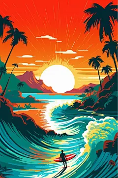 AI数字艺术卡通手绘夏季海滩冲浪运动插画