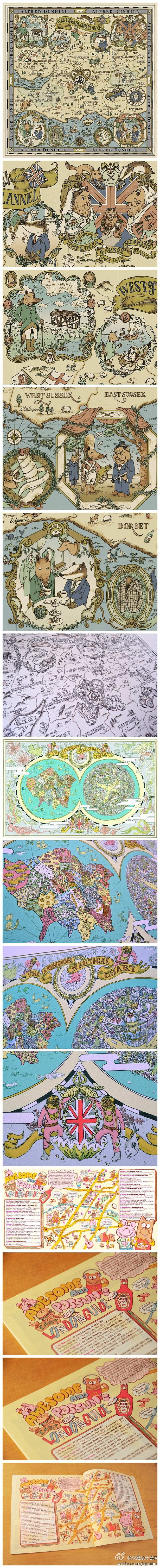 复古华丽的英国地图画报，来自日本插画师T...