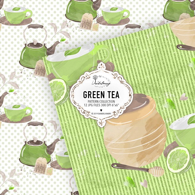 绿茶水彩数码纸图案设计素材 Green ...