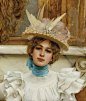 意大利著名画家Vittorio Matteo Coros（1859-1933），非常擅长描绘打扮精致的贵族青年男女，这幅《待在喷泉边》便是他的经典代表作。
画中的美好时代女子，身着优雅白裙、白鞋，手中持着白阳伞，安静的凝视着前方，微妙又感性。而画作细节的逼真程度，更是与照片相差无几。 ​​​​