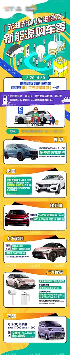 新能源购车季活动长图  - 源文件下载【酷图网】海报,长图,新能源,购车,汽车,购车节,插画,卡通,