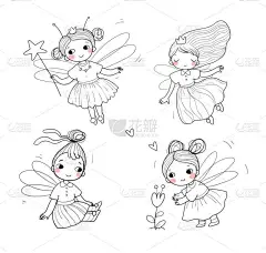 设定与可爱的卡通仙子。木头精灵。有翅膀的小女孩公主在花朵上飞翔。有趣的瓢虫。矢量说明