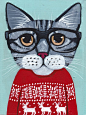 CAT in Ugly Christmas Sweater Original Folk Art Painting by Ryan Conners: